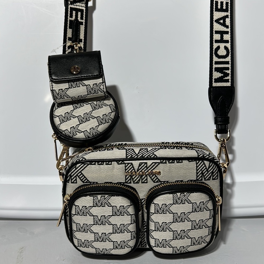 Michael Kors Jacquard Jet Set travel crossbody black tech pocket pouches multi - Picture 10 of 12